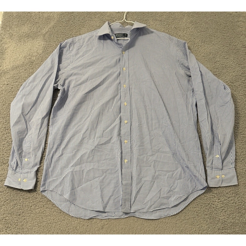 Polo Ralph Lauren Shirt Men's 17.5 T Button Up Classic Fit Blue White Checkered‎